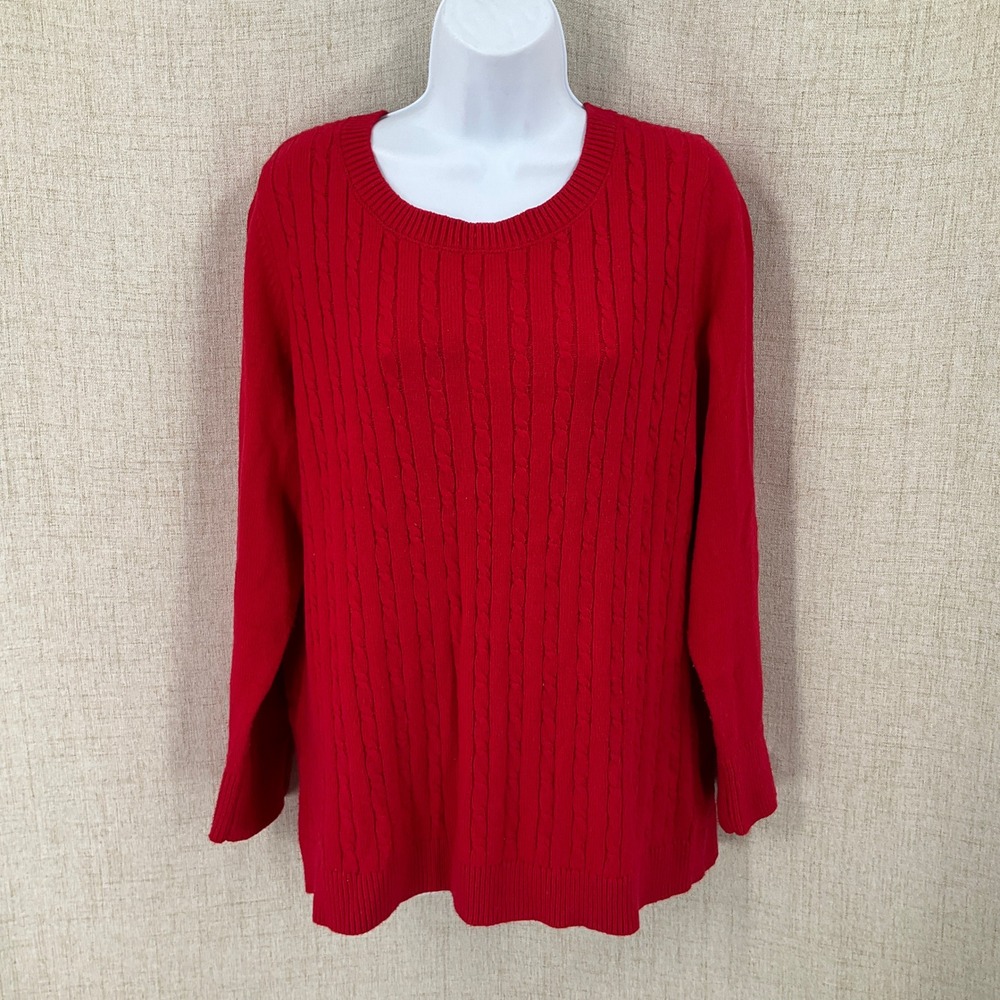Talbots Sweater Womens 1X Red Cotton Blend Cable Knit Button Cuff Classic Preppy